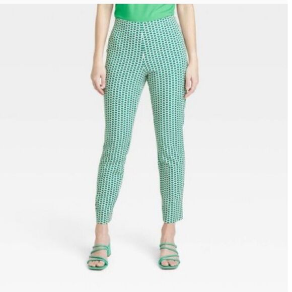 A New Day Pants Womens Size 2R Skinny Ankle High Rise Green Geo Stretch New - Picture 1 of 11
